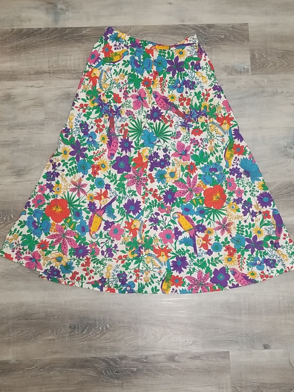 Tropical Vintage Parrot and Floral A-Line Midi Skirt